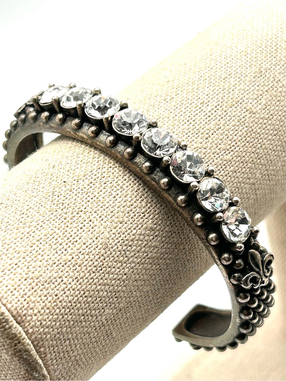 French Kande Fleur di Lis Crystal Brass Cuff Bracelet